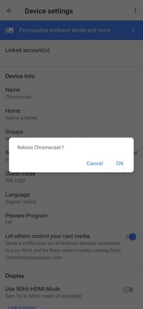 Confirm Chromecast Restart