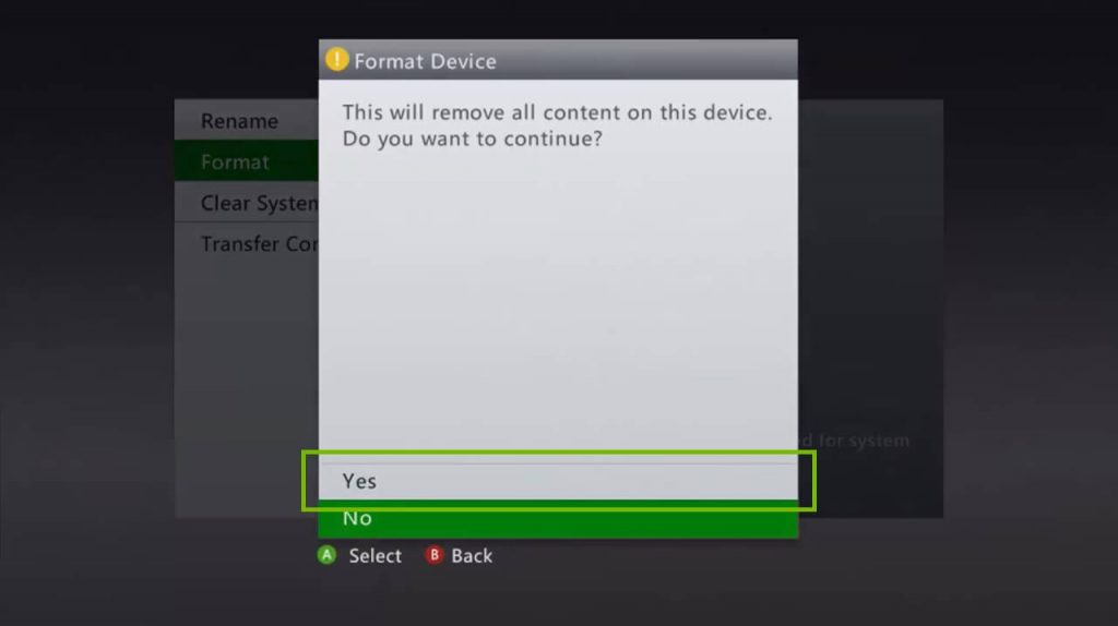 Select Yes on the Prompt - how to Reset Xbox 360