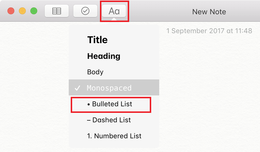 Make a bullet point on Mac in Notes