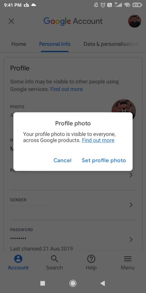 Select Set Profile Photo to Change Google Account Profile Photo