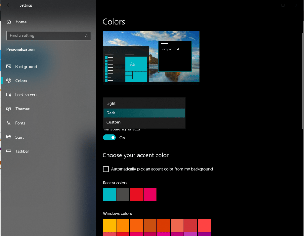 Enable Dark Theme - Windows