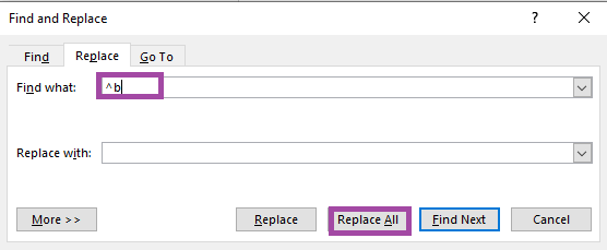 Use 'find and replace' to remove section break on word