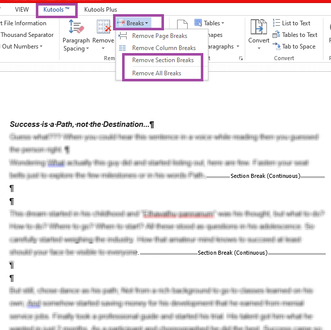 Use Kutools to remove section break in word