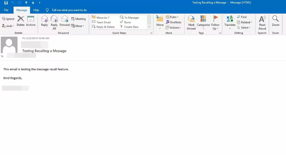 Select Actions Drop down - Unsend an Email in Outlook