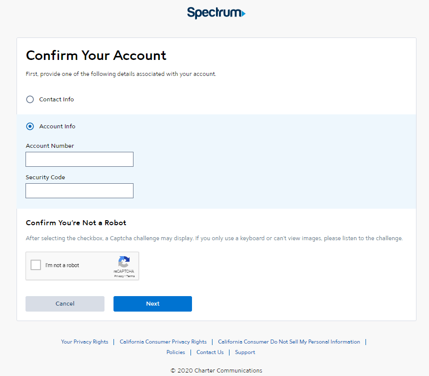 Spectrum TV Account creation page
