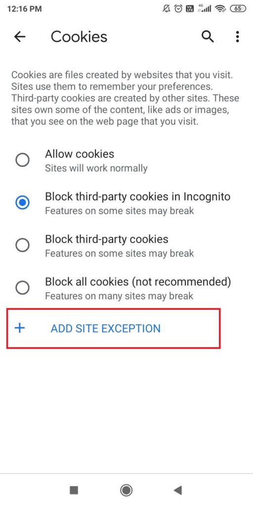 Add Site Exception option