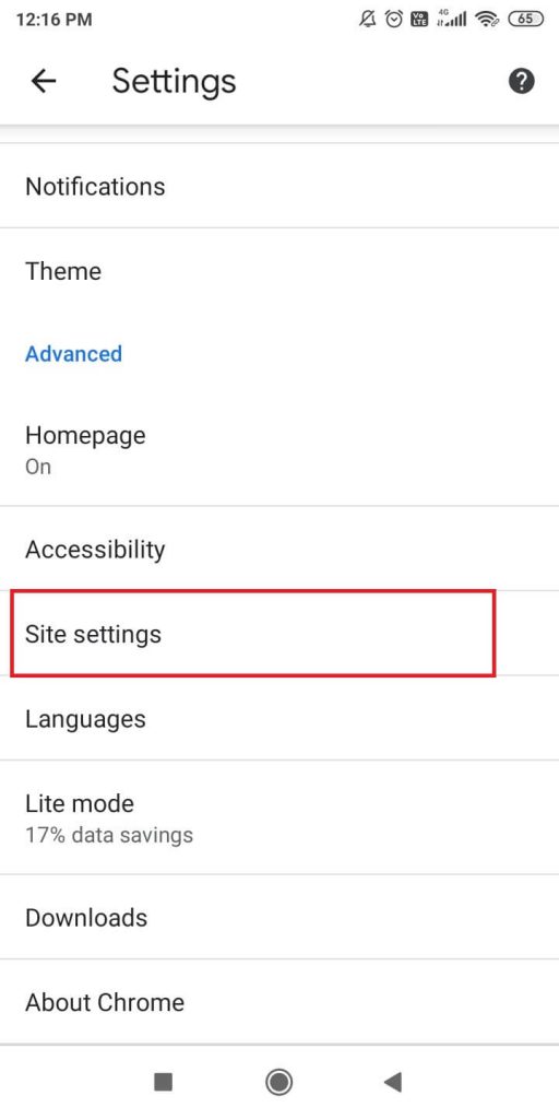 Site settings option