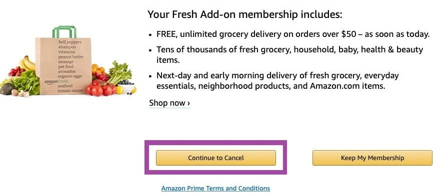 Continue to cancel Amazon Fresh subscription
