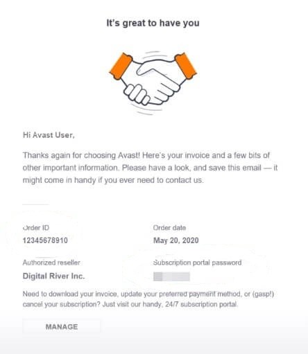 Order ID and Password - Cancel Avast Subscription