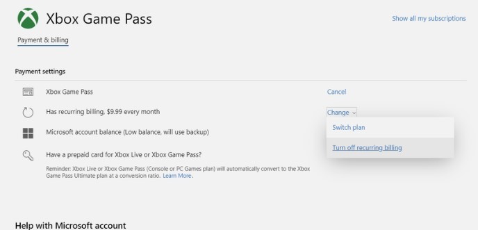 Recurring Billing - Cancel Xbox Game Pass