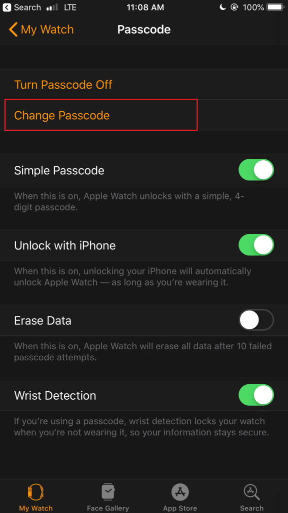 Change Passcode option