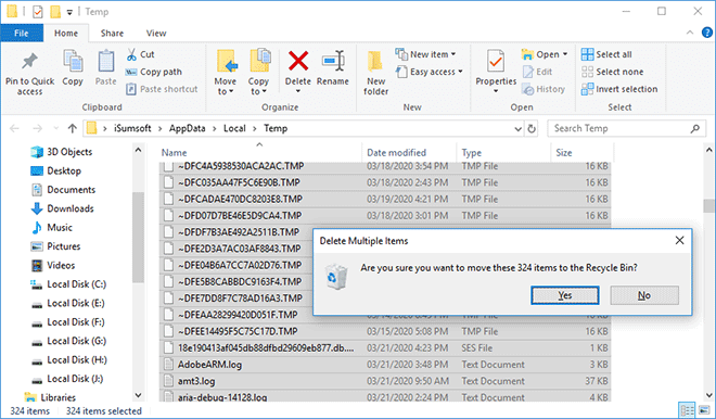 Select Yes - Delete Temporary Files in Windows 10 