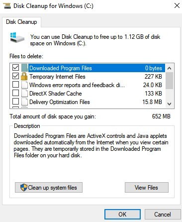 Delete Temporary Files in Windows 10 - Select Temporary Internet Files