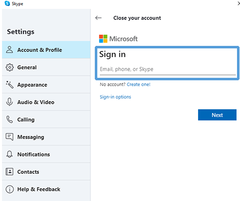 Sign in to MS account - Delete a Skype Account