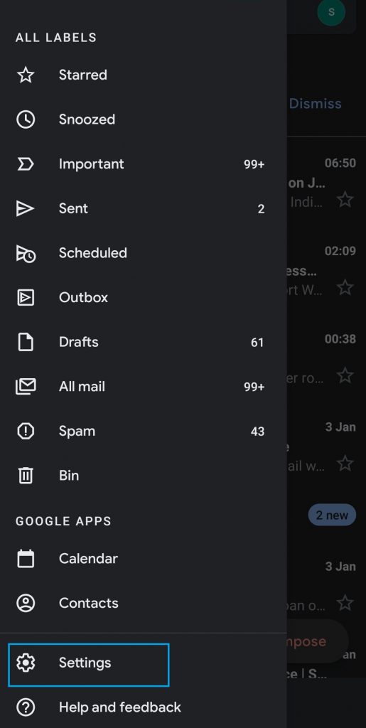 Gmail App Menu Options