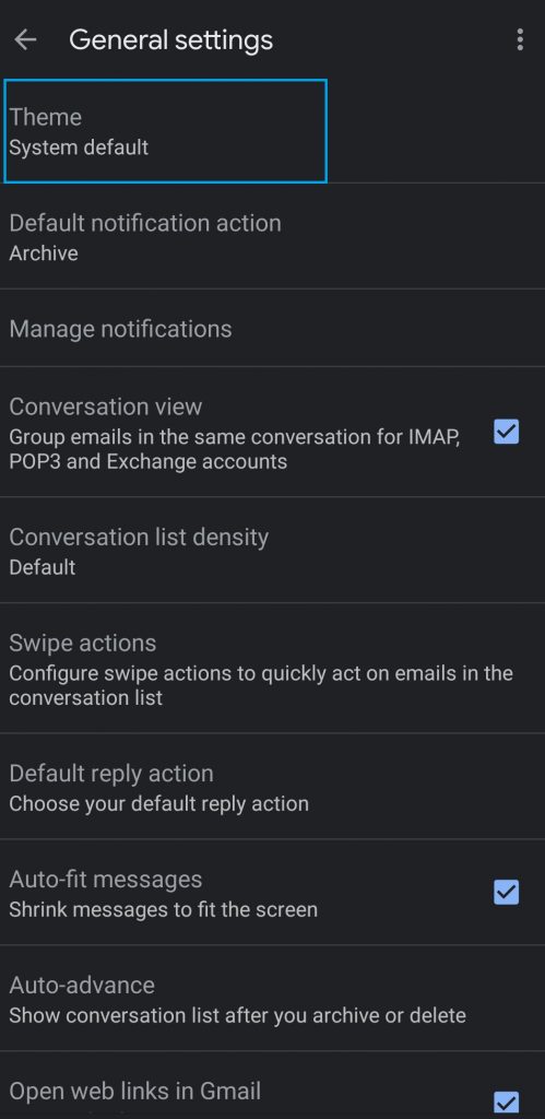Gmail App General settings