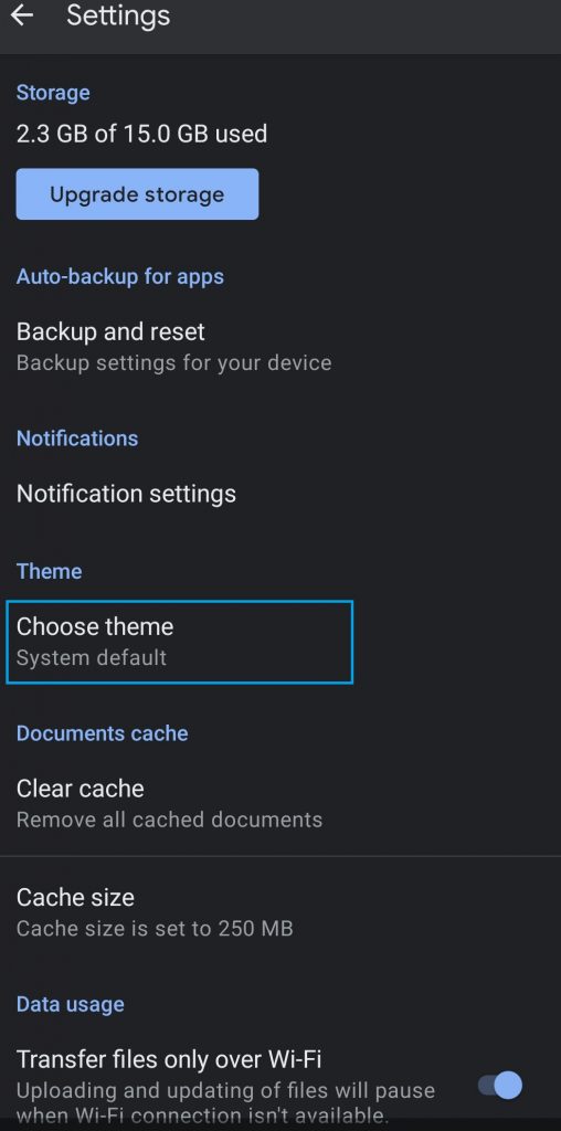 Google Drive Dark Mode - App Settings