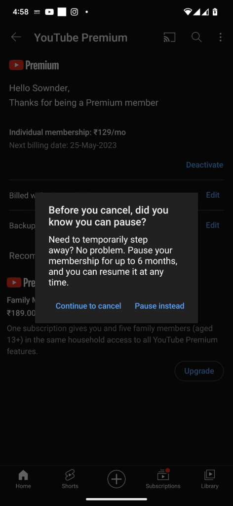 Cancel Youtube premium