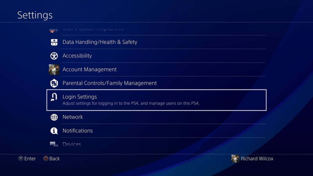 Click on Login settings to delete a user on PS4