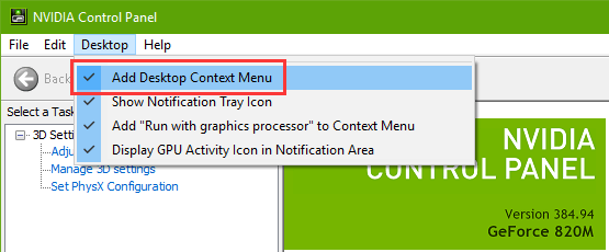 Select add desktop context menu to open Nvidia control panel