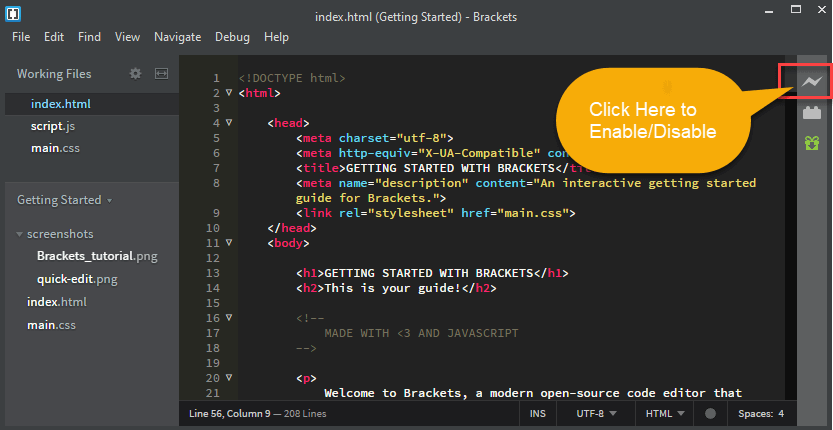 Brackets is one of the HTML editors for Windows 