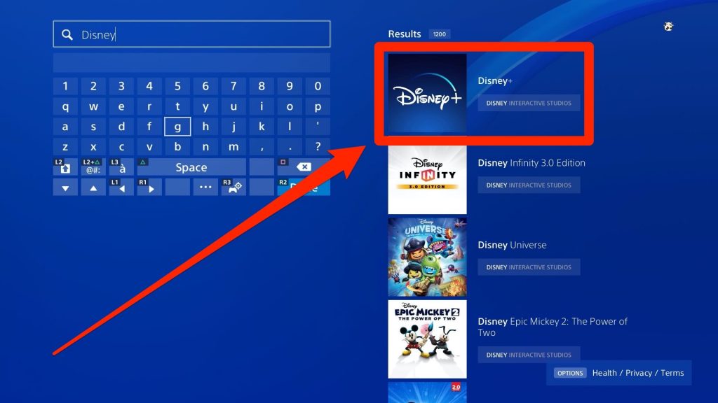 Search for Disney Plus on PS4