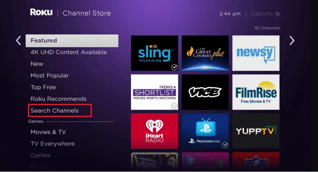 click on Search channels to add channel to Roku