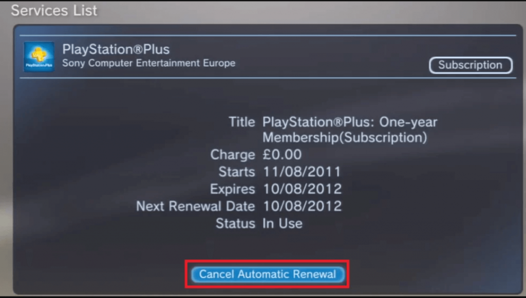 click Cancel Automatic Renewal to cancel PlayStation Plus Subscription