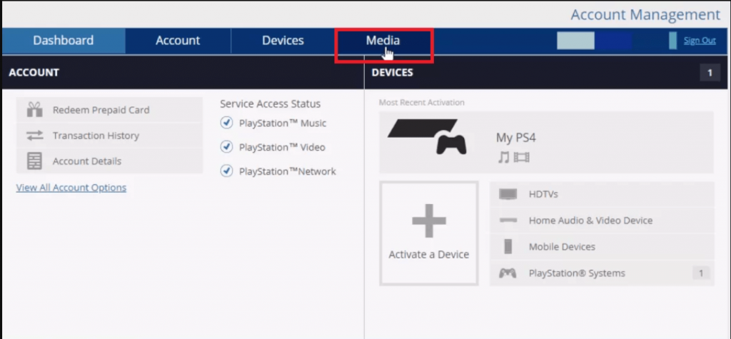 Select Media tab to cancel PlayStation Plus Subscription