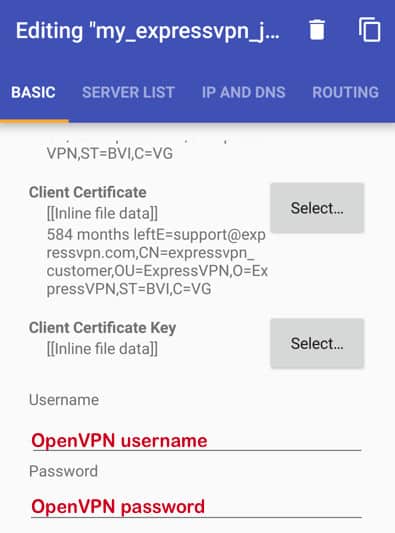 Enter OpenVPN username and password