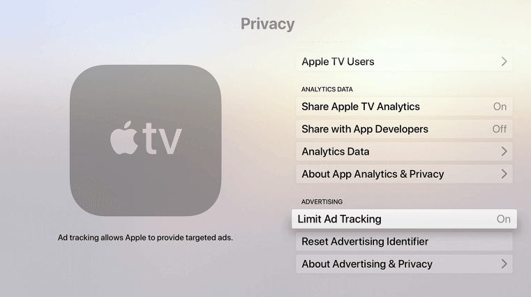 Turn on Limit Ad Tracking to block ads on Apple TV 
