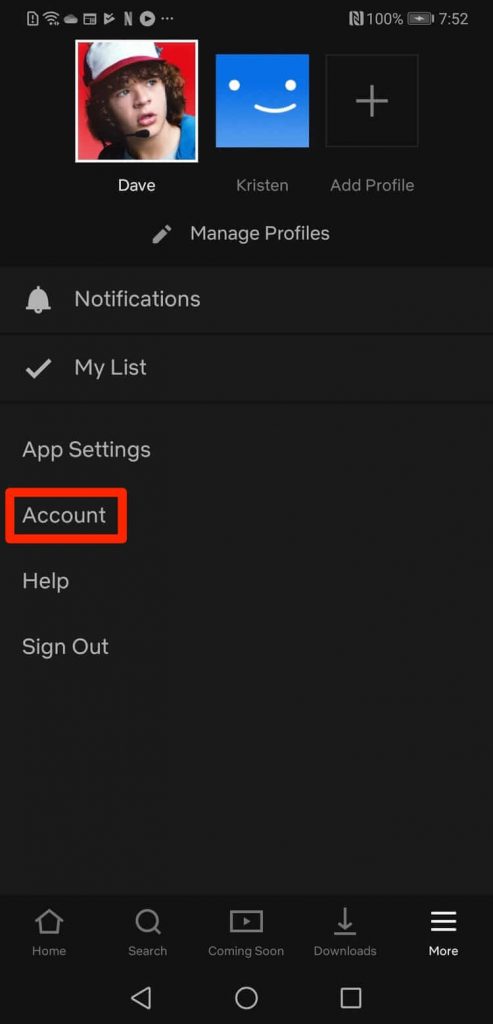 select account on your Netflix mobile app