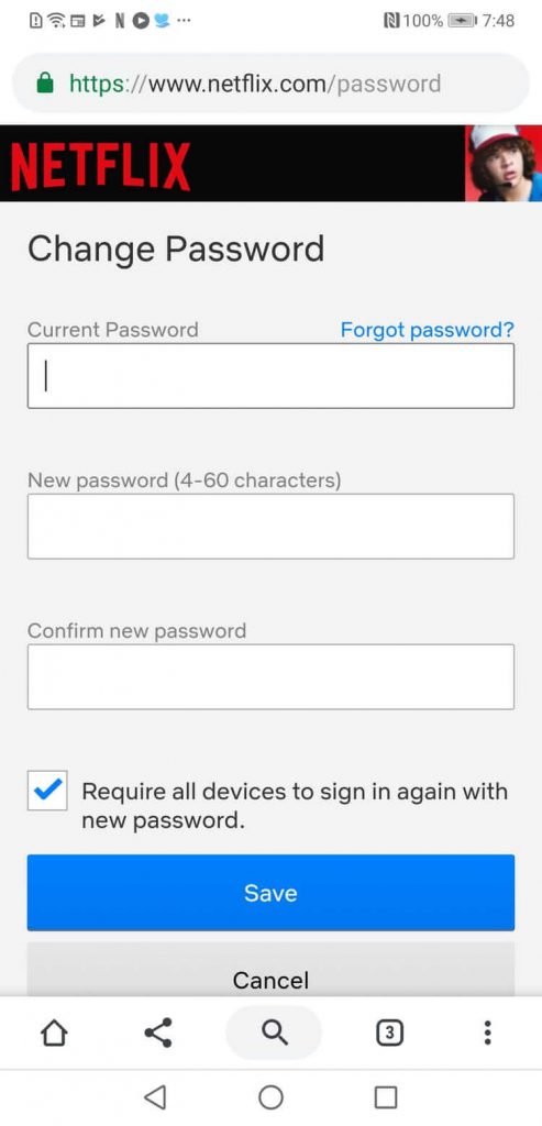 enter the new password and click on save to change password on Netflix