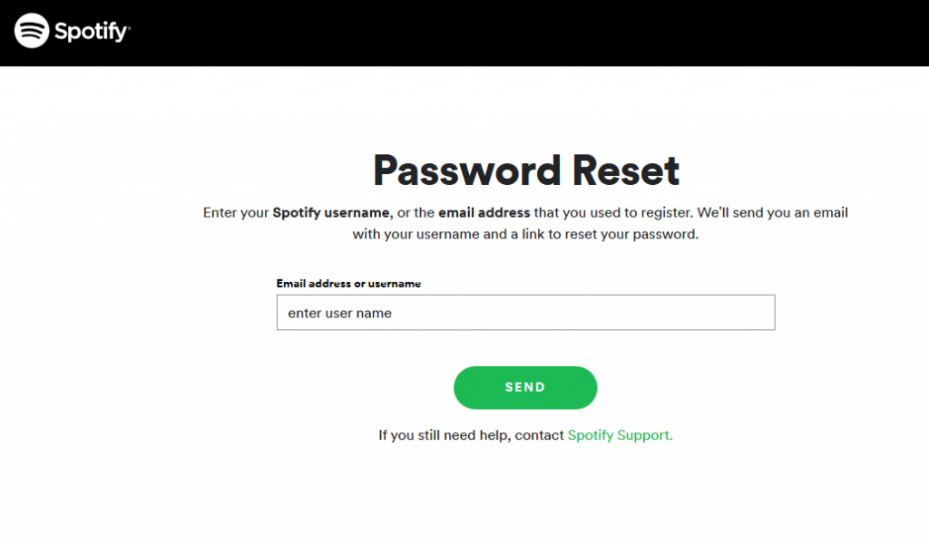Enter your username and click send to change password on Spotify