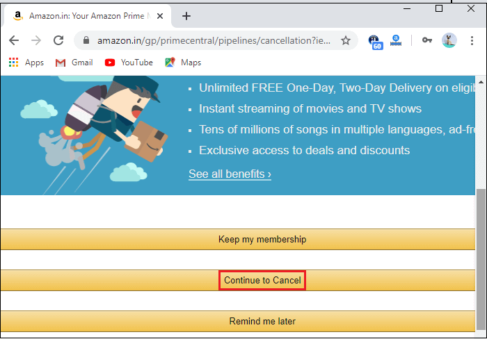 click on Continue to cancel 