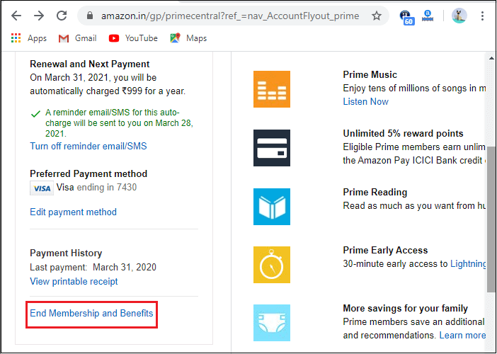 click on End Membership and Benefits to cancel Amazon Prime
