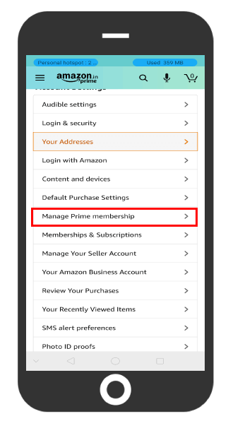 Select Manage Prime Membership to cancel Amazon Prime
