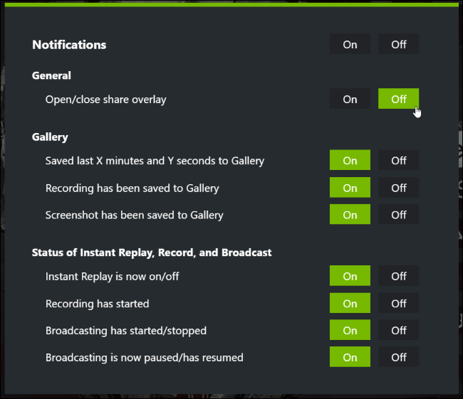 Set on or off to open Nvidia Overlay notifications
