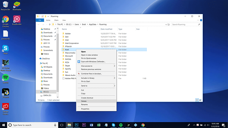 Right click on the Kodi folder and select delete to reset Kodi on Windows