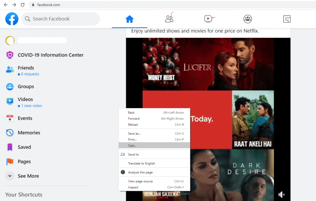 select the cast option to chromecast Facebook from PC