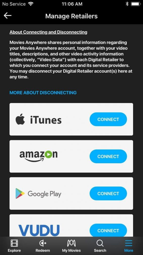 click on connect to sync iTunes with movie anywhere app