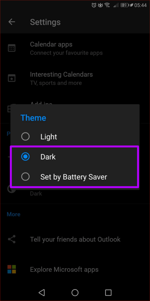 click on dark to enable outlook dark mode