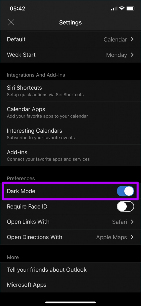 toggle the switch off to disable dark mode