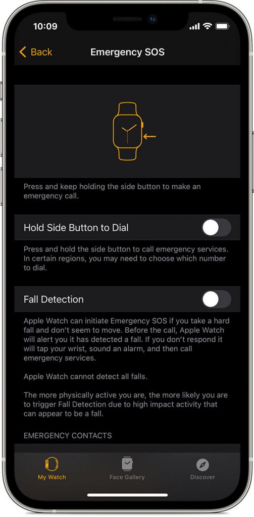 turn off hold side button to dial to use Emergency SOS on apple watch