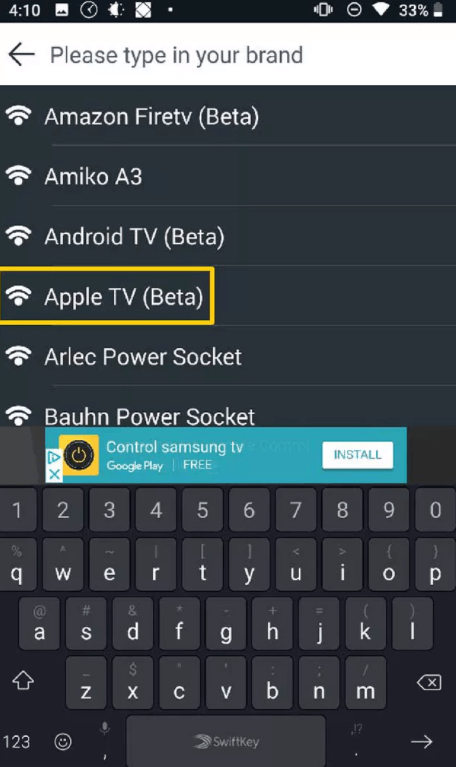 Select apple tv to control apple tv with Android 
