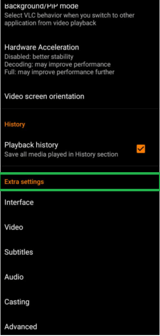 click on extra settings to enable the vlc dark mode