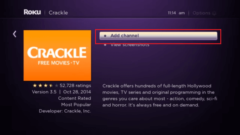 click add channel to install Crackle on Roku