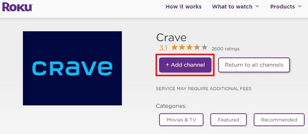 click add channel to add Crave on Roku