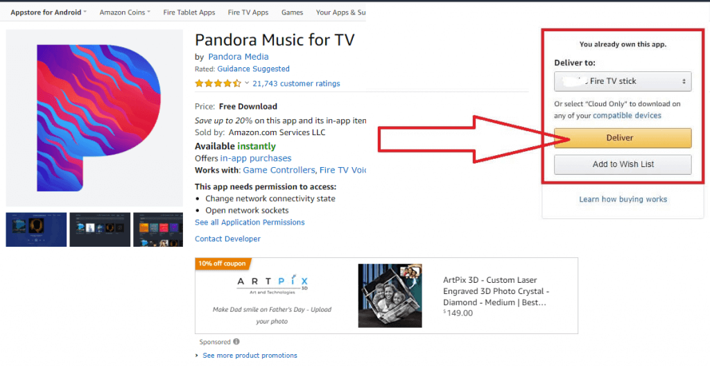 click deliver button to install pandora on firestick 