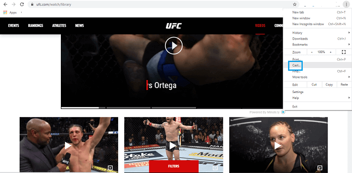 Cast option on Google Chrome to Chromecast UFC